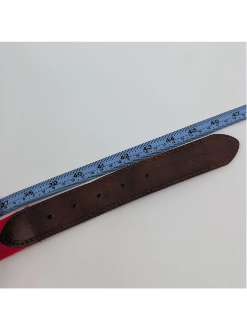 Nautica Men’s Red Webbing Belt Brown Leather Size 40 100 Preppy Golfcore Coastal